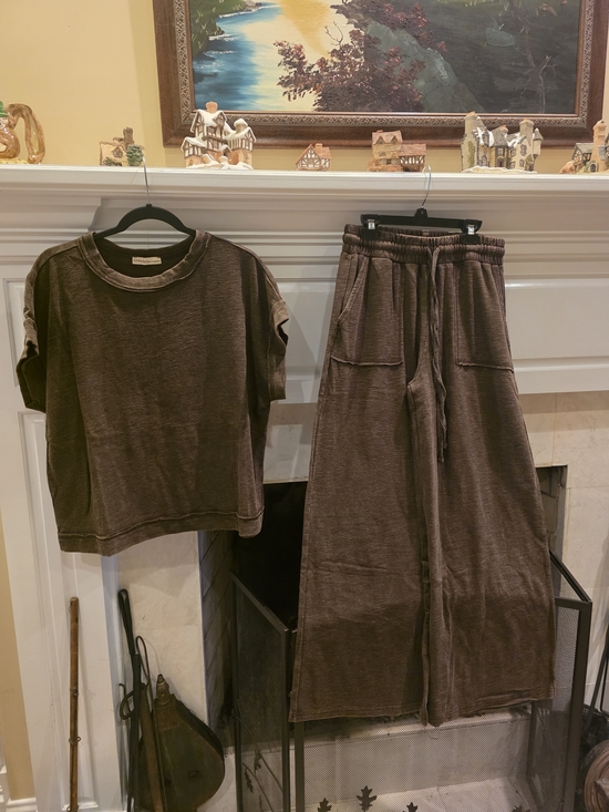 Zenana Outfitters Pants - Zenana Outfitters Wide Leg Slub Set in Washed Brown